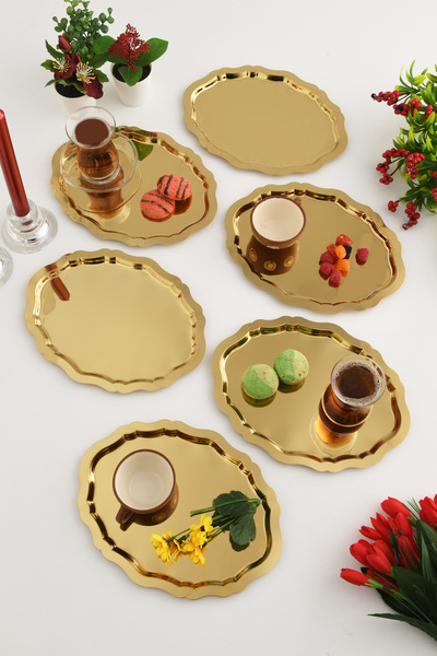 AKSESUAR EVRENİ Ovaldi Gold 6-Piece Stainless Steel Oval Coffee Presentation ...