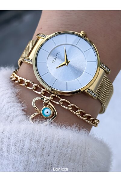 Ferrucci ساعة يد مقاومة للماء بسوار فولاذي أصفر اللون + سوار