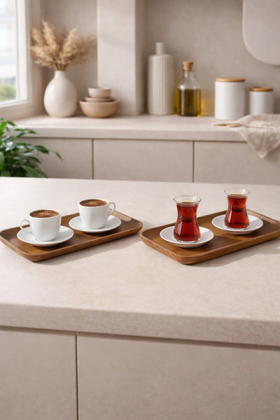 CASTEROLİ صينية عرض مستطيلة الشكل من طبقتين بلون بني متوسط للقهوة والشاي ومتع...