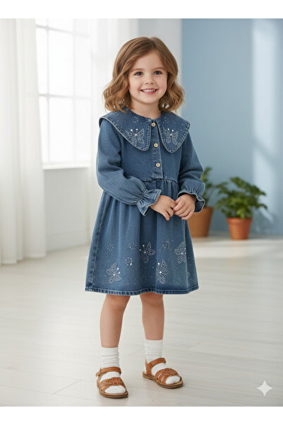 DoğaButikGiyim Kız Çocuk Kot Elbise Taşlı İncili Tam Kalıp Bayramlık