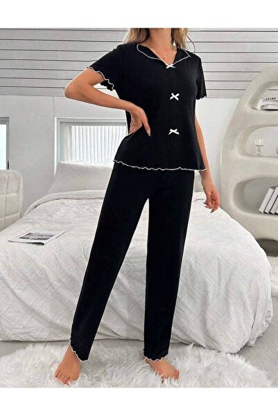 MİMİ PİJAMA Γυναικείο σετ πιτζάμες από βισκόν με κοντό μανίκι και λεπτομέρεια...