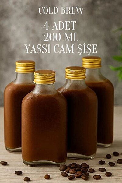 Rotanev 4 Adet Şeffaf Cold Brew Metal Gold Kapaklı Soğuk Kahve Yassı Cam Şişe...