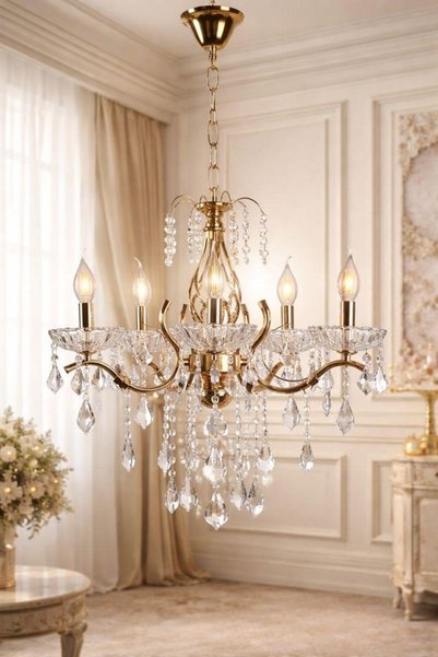 HAMER Modern chandelier with a classic design, candlestick with sparkling gold crystals - 5 bulb bases, adjustable height as desired