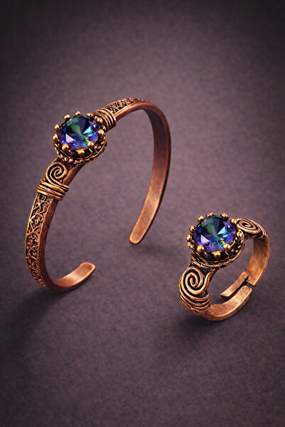 İyyaKee Kadın Bakır Bileklik Yüzük Set Mistik Topaz Taşlı Kelepçe Bilezik