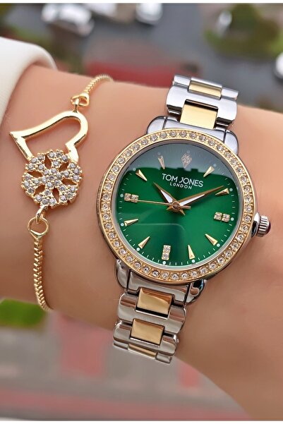 Tom Jones ساعة يد نسائية مقاومة للماء باللون الأصفر والفضي - هدية سوار