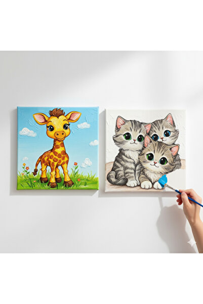 dudu ahşap 2'li Tuval Boyama Seti. 20x20 CM UV baskı sevimli karakterler + 6 ...