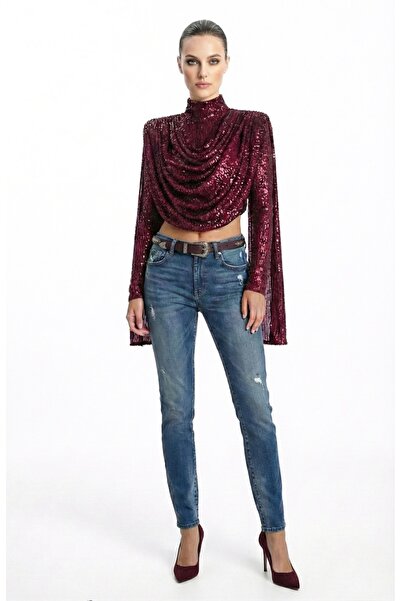 Gira official Bordo Payetli Şal Detaylı Bluz
