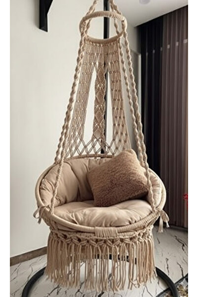 WOODSHUT Tek Kişilik Makrome El Örgüsü Salıncak (BEJ) MİNDERLİ Mis38002M