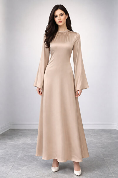 Asya Karen فستان سهرة حجاب بتفاصيل ربطة عنق من الخلف باللون البيج