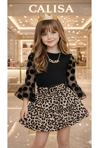 CALİSA Eid Leopard Ruffle Skirt Tulle Sleeve Blouse Set