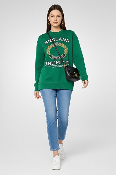 BURBERRY سويت شيرت نسائي بأكمام طويلة مطرزة وياقة دائرية، لون أخضر