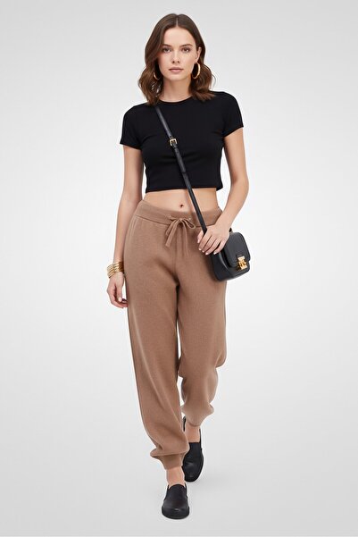 BURBERRY Women Embroidered Logo Pants, Brown