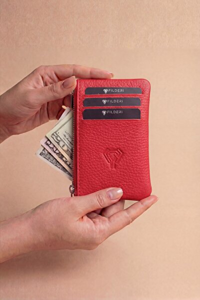 Fil Deri حامل بطاقات نسائي من الجلد الطبيعي بسحاب ومقصورة صغيرة للعملات المعد...