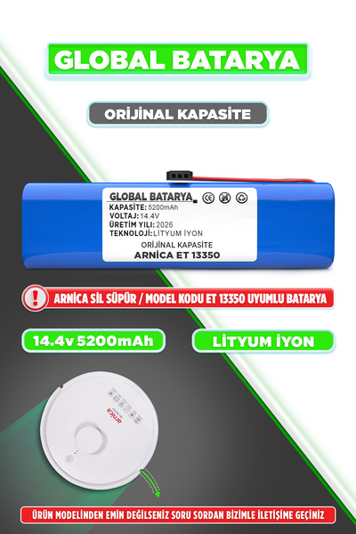 GLOBAL BATARYA Arnica Sil Süpür ET13350 Uyumlu Robot Süpürge Bataryası 14.4v ...