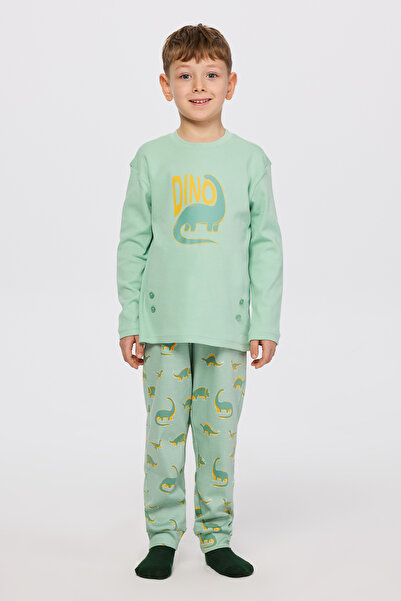 Panço Erkek Çocuk Dinozor Desenli Turkuaz Pijama Takımı