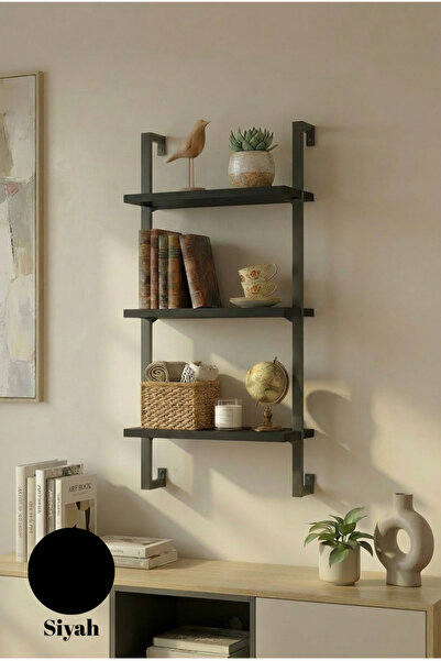Euromob 40x20 cm Siyah Metal 3 Raflı Duvar Rafı | Kitaplık & Mutfak Banyo Org...