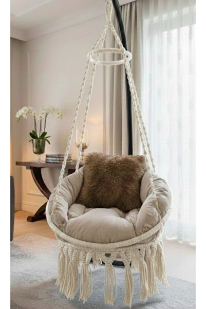 WOODSHUT Tek Kişilik Makrome El Örgüsü Salıncak Krem