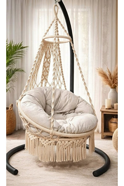 WOODSHUT Tek Kişilik Makrome El Örgüsü Salıncak (BEJ) Mis38002