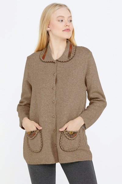 Sementa Baby Collar Embroidered Women's Knitwear Jacket - Mink