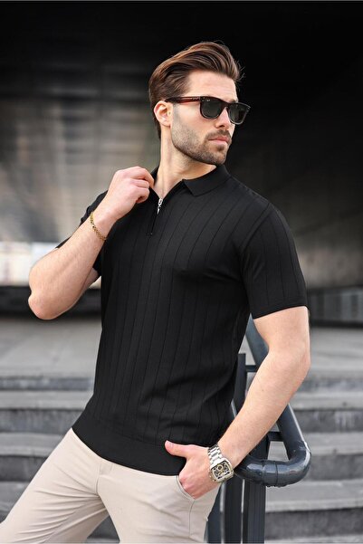 Madmext Black Polo Neck Zippered Men's T-Shirt E7298