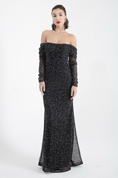 Lafaba Women's Black Slim Fit Boat Neck Rhinestone Long Evening Dress