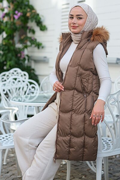 LOCCO με κουκούλα Φουσκωτό γιλέκο καφέ - στενή εφαρμογή