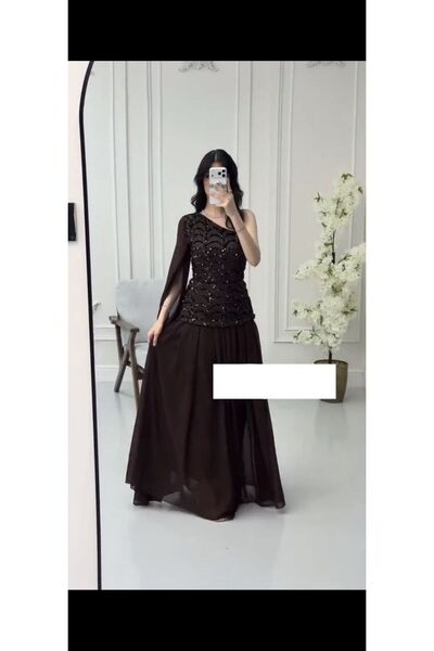 NALA FASHION One-shoulder evening dress – Royal brown elegance