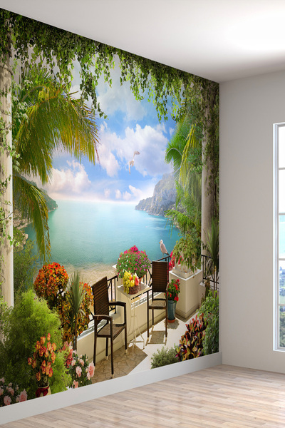 dreamwall Deniz Manzaralı Balkon Desenli Tekstil Duvar Kağıdı