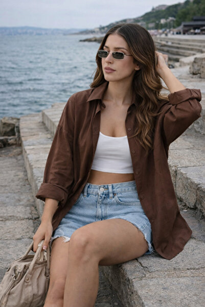 bb butik basic قميص قطني كبير الحجم بجيب واحد من الكتان - موديل كاجوال BB-KU3435