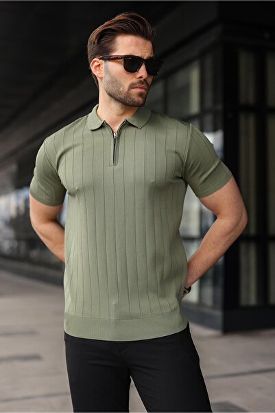 Madmext Khaki Polo Neck Zippered Men's T-Shirt E7298