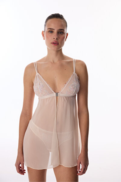 Penti Bej Front Opening Broderie Babydoll