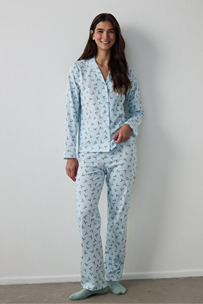 Penti Set de pijamale din bumbac cu guler albastru deschis