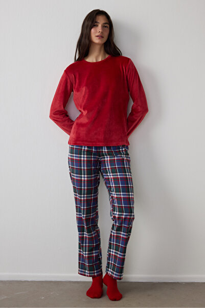 Penti Red Comfy Time Crew Neck Plaid Pajama Set