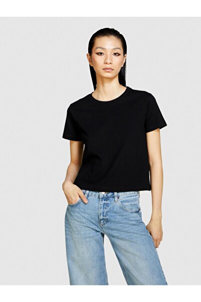 Sisley bumbac 100% Guler rotund tricou Femei Negru tricou - 324P3I1XL101S