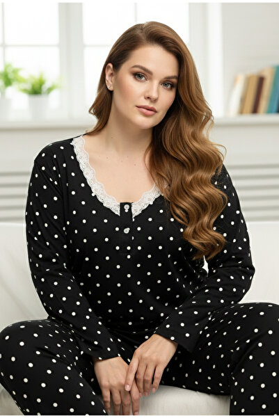 Siyah İnci طقم بيجامة قطنية كبيرة الحجم منقوشة باللون الأسود25240837