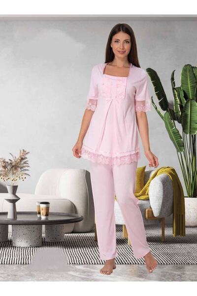 Lohussa Effort Kadın Pembe Dantel Kollu Düğmeli Lohusa Hamile Pijama Takımı