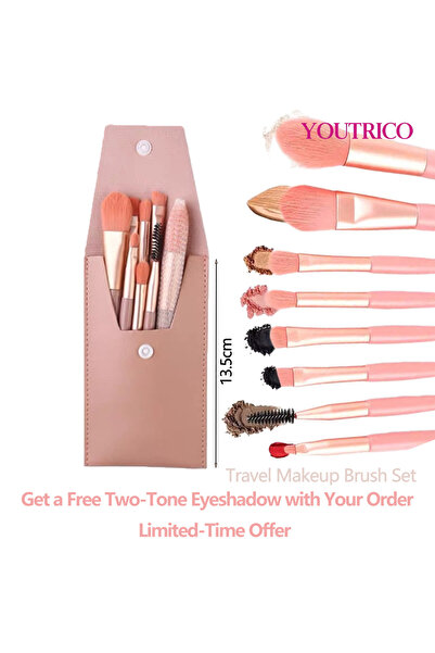 Youtrico مجموعة فرش مكياج مكونة من 8 قطع بلون الطوب مع حقيبة باللون الوردي
