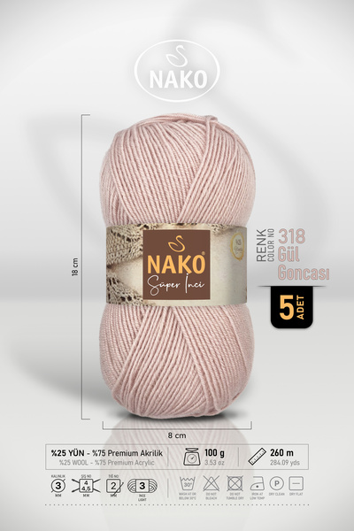 NAKO Super Pearl - 318 Rose Bud - 5-Pack - 100Gr/260M - Hand Knitting Yarn - ...