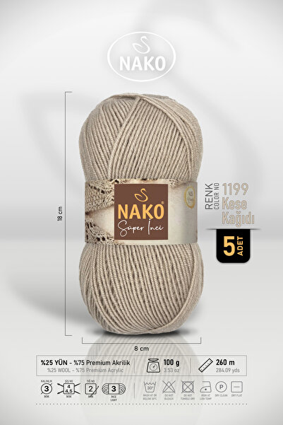 NAKO Super Pearl - 1199 Paper Bag - Pack of 5 - 100Gr/260M - Hand Knitting Ya...