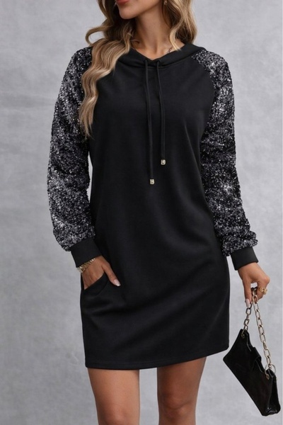 Deridün Yıldız Shoes فستان نسائي طويل الأكمام مزين بالترتر مع تفاصيل جيب وربا...