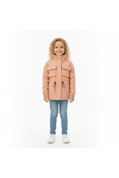 Escabel Girl's Short Powder Coat with Neck Collar and Ribbed Pockets