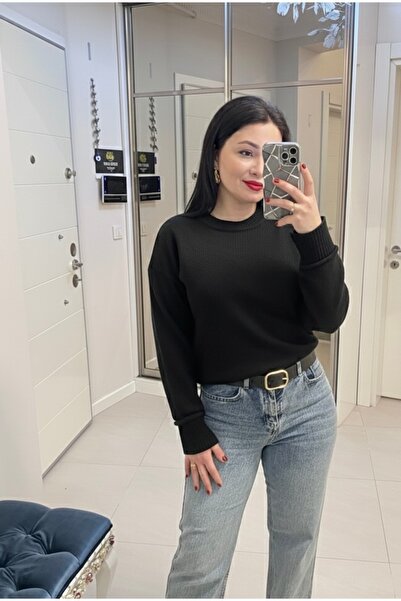 ABBA Pulover tricotat cu textura moale guler rotund negru