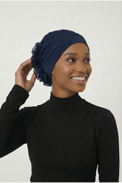 fidan bone Kordoneli Fırfırlı Önü Plise Biyeli Lacivert Hazır Türban Tesettür...