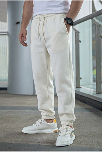 MADZEYMODA Pantaloni de sport alb elastic cu 3 fire pentru bărbați