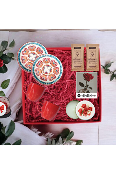 MARMORİ İKİLİ KIRMIZI ÇİNİ FİNCAN TAKIMI KİŞİYE ÖZEL GÖRSEL MUMLU KAHVELİ HED...