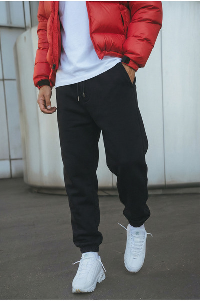 MADZEYMODA بنطال رياضي أسود مرن بأرجل مرتفعة 3 خيوط للرجال