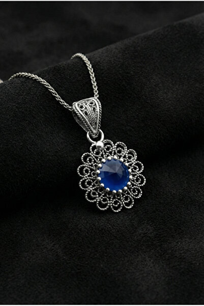 Roza Silver Aralık Mavi Topaz Doğum Taşı Çiçek Motifli Telkari Gümüş Kolye
