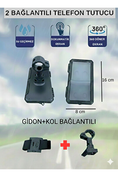 PRORIDER Motosiklet Telefon Tutucu Su Geçirmez Gidon Ve Kol Bağlantılı 2 Aparatlı Telefon Tutucu