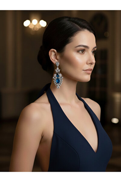Süspüs Accessories Navy Blue Stone Dangle Evening Dress Earrings