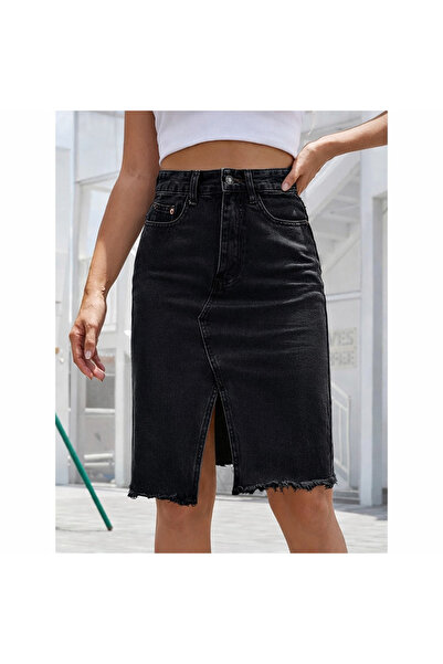 MARLİX Fusta neagră din denim pentru femei, cu talie normală, lungime până la...